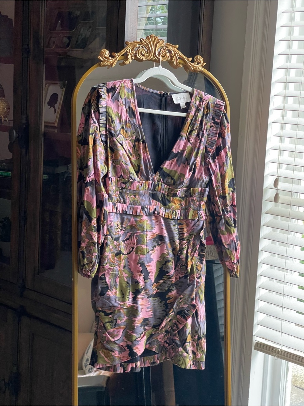 Cleobella Stevie Pink and Black Print V-Neck Puff Sleeve Tiered Tulip Mini Dress